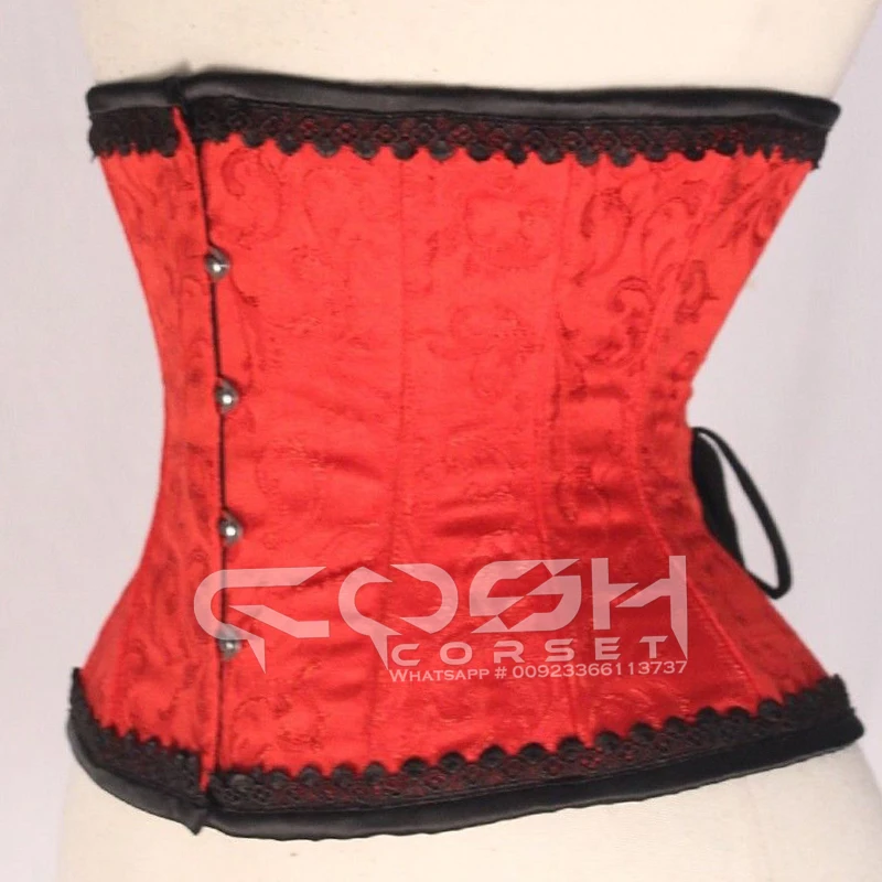 COSH CORSET Handmade Latest Underbust Steel Boned Limited Edition Red Brocade Corset With Black Lace and Trim