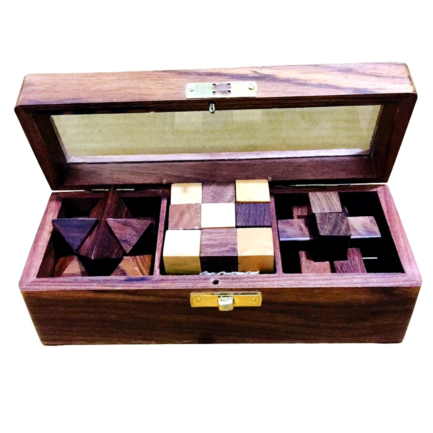 Wooden Puzzle Game Box With 3 Puzzle Glass Top Wholesale Modern Wooden Puzzle Game Exporters India Best Selling Gifts For Sale