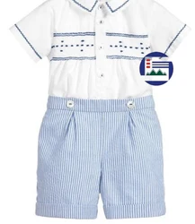 Suite for boy smocked made by hand material silk cotton fabric UK traditional smocked