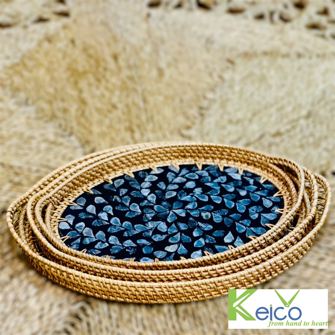 Wholesale Black Rattan Oval Plates and Dishes with Mosaic, Ceramic Customized Pattern For Kitchen For Home Decor made in Vietnam