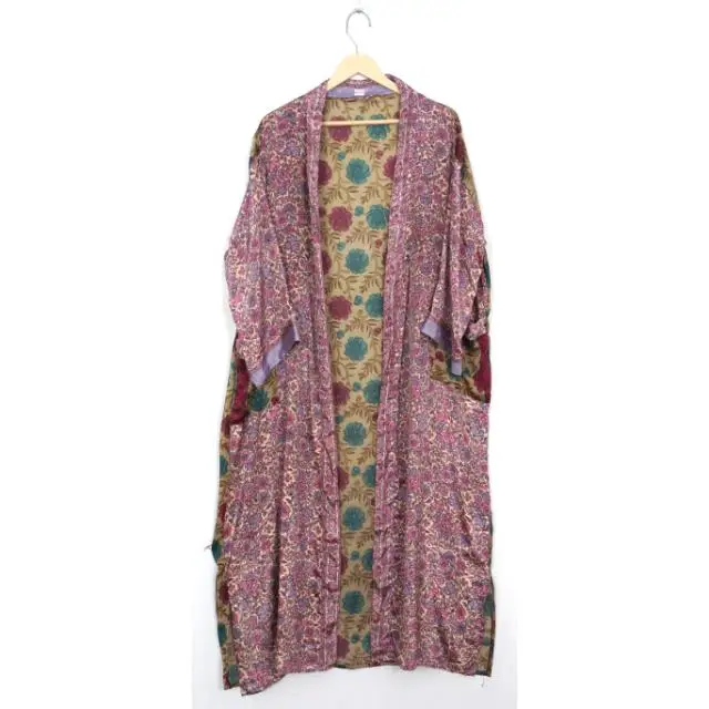 Indian Vintage Silk Recycled Saree Kimono Robe Women Light Weigh Wrap Dress House Wear Coat Indian Vintage Silk Dressing Gown