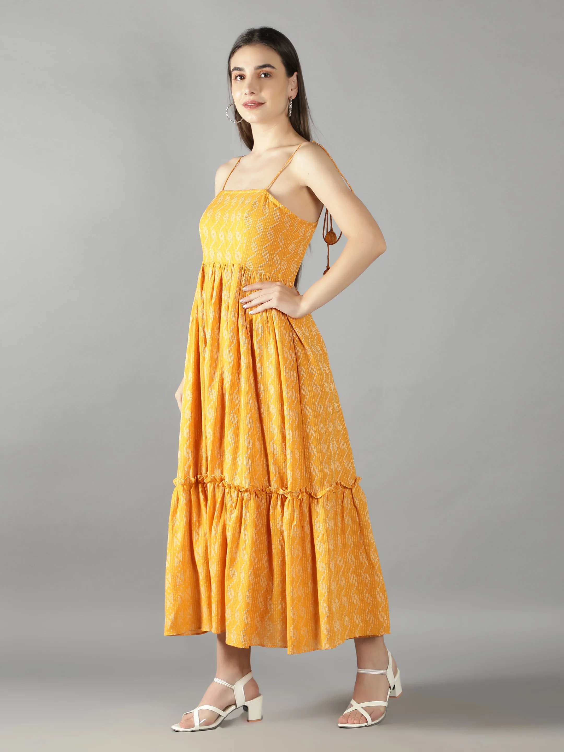 Signal Yellow Shoulder Tie Up Flared Dress In Cotton Kantha western look girl dress amazing quality one piece new fashion dress