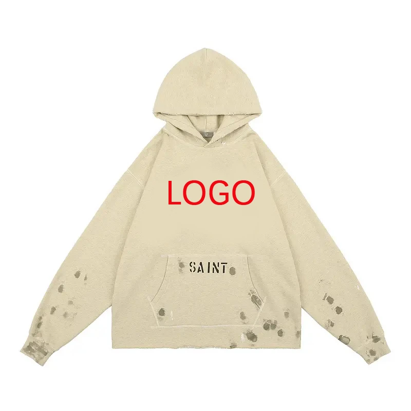 Solid Color Cordless 100 Cotton French Terry Distressed Pullover Men Custom Printing Cut Edge Cropped Raw Hem Hoodie