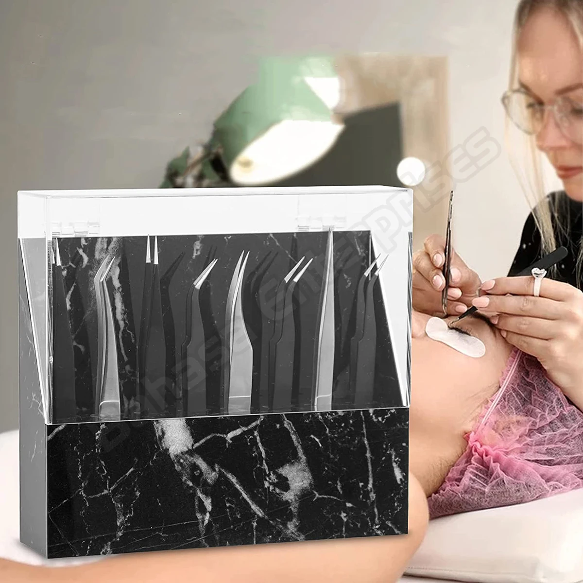Custom marble 8 Slots Transparent acrylic tweezer stand eyelash extension tweezer holder box with Dust cover