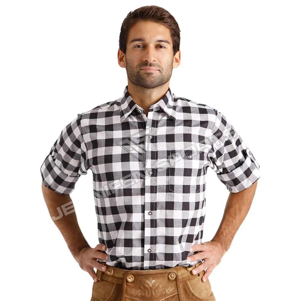 Мужская рубашка в клетку 100% хлопчатобумажная ткань с длинными рукавами пуговицы закрывающие круглый воротник нагрудный карман внутри тканая этикетка для шеи