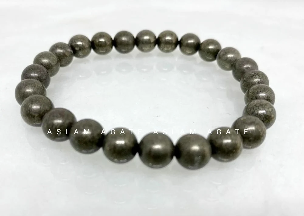 8mm Natural Pyrite Stone Beaded Bracelet ,Pyrite Gemstone Bracelet 4mm To 8 mm ,3 Cord strong Rubber Bead Bracelet
