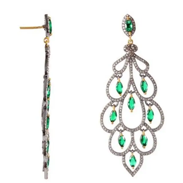 925 Sterling Silver Dangle Earring White Topaz Gemstone Vintage Jewelry Pave Setting Black Oxidized