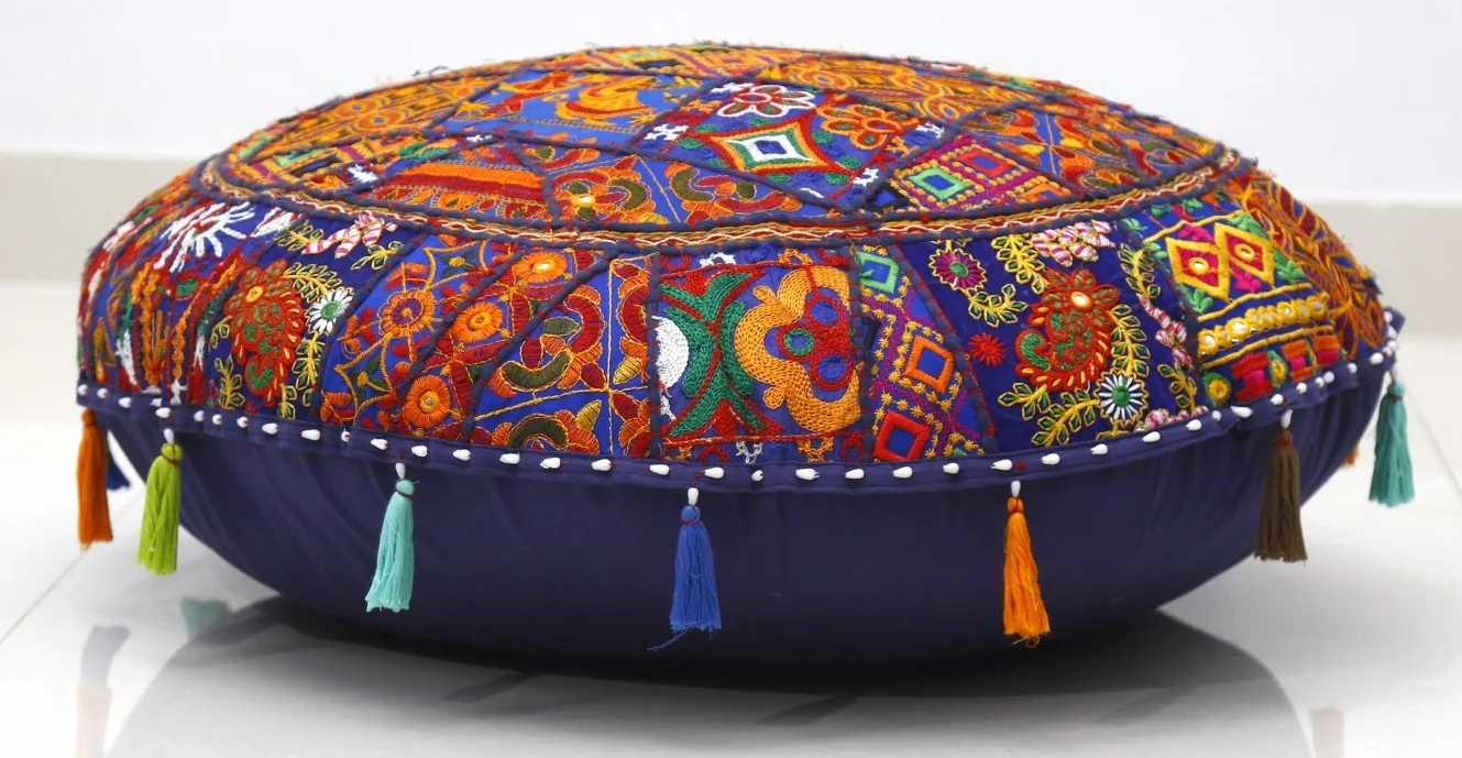 Indian Patchwork Floor Cushion Cover Handmade Gujarati Round Pillow Cover Embroidered Large Living Room Decor Pillow Cover