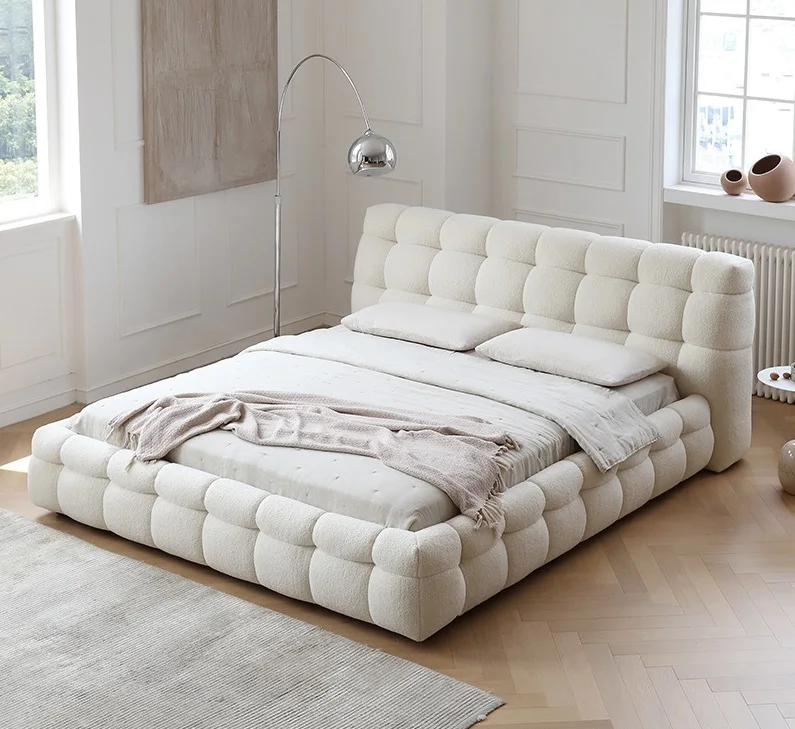 hot selling cotton sugar shape boucle fabric queen size bed frame luxury upholstered bed for bedroom