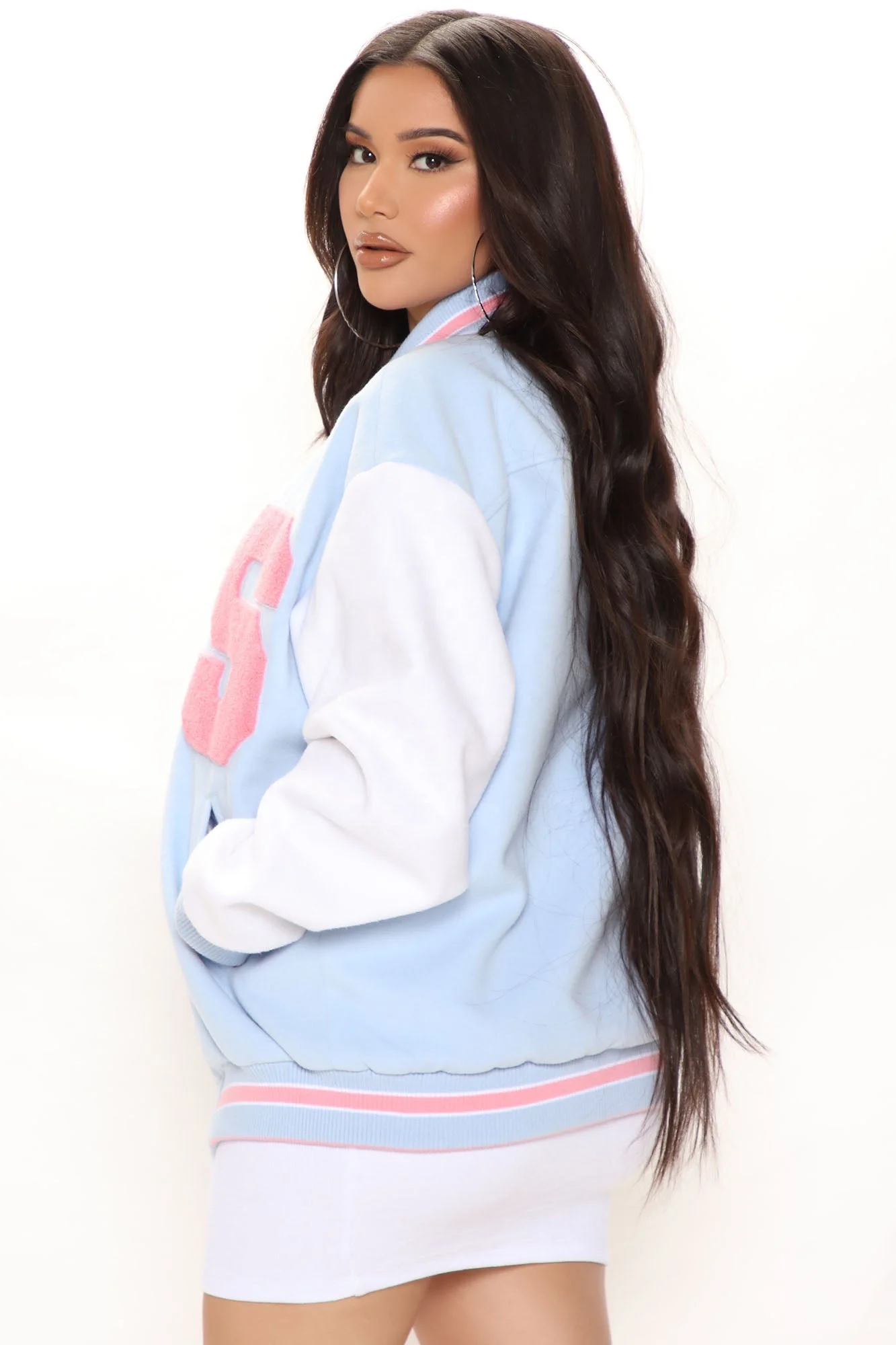 Low MOQ New Arrivals Spring Letters Woman Baseball Jacket Long Coat Casual Pink Varsity Jackets sky Letterman Jacket for Women