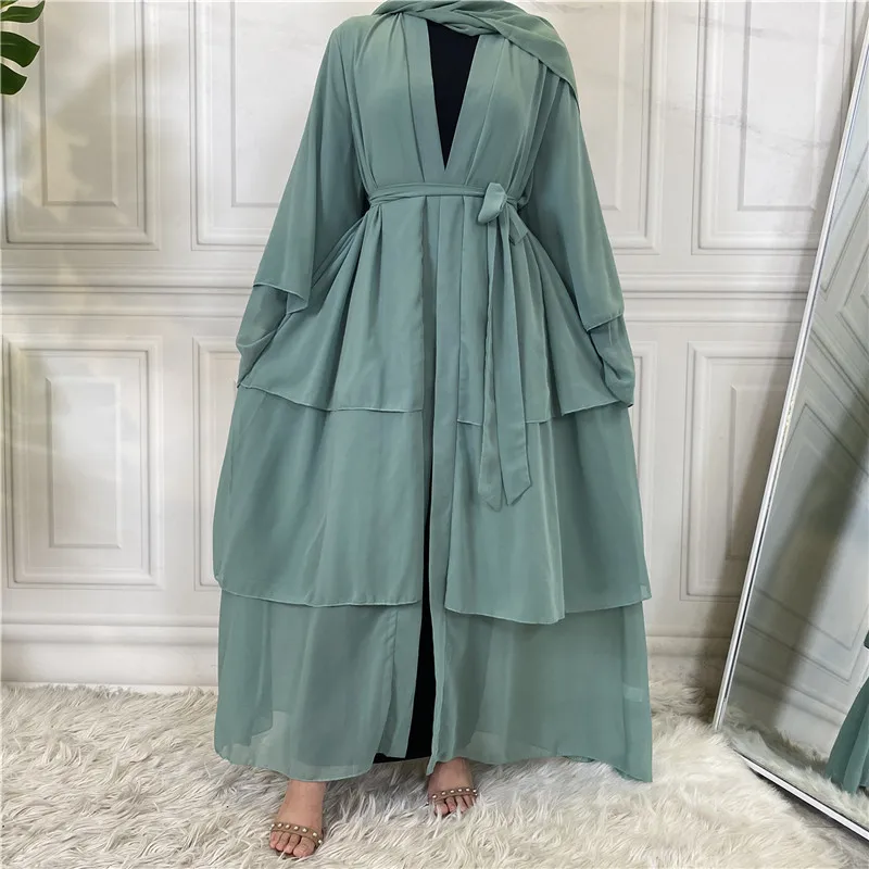 Middle East Female Islamic Ethnic Clothing Dubai Muslim 3 Layer Chiffon Cardigan Long Abaya Dress for Women