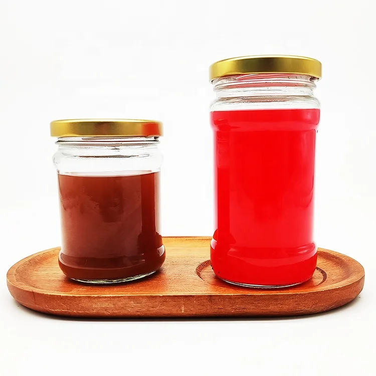 Wholesale 200ml 300ml Round Glass Honey Jar and Golden Metal Lug Guacamole Peanut Butter Glass Jar with Twist Off Lid