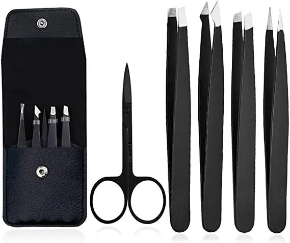 5-Piece Tweezers Set Stainless Steel Slant Tip and Pointed Eyebrow Tweezer Set Great Slant for Facial Hair Ingrown Hair