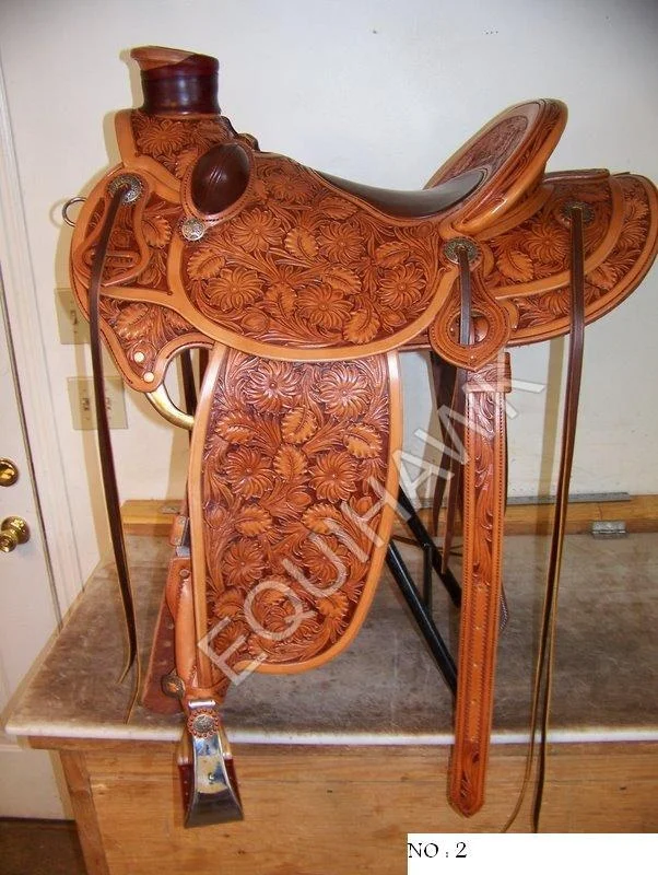 PREMIUM QUALITY WESTERN LEATHER SADDLE MADE ON FIBER TREE WITH HAND TOOLING AND CARVING DESIGN /LEATHER HORSE SADDLE