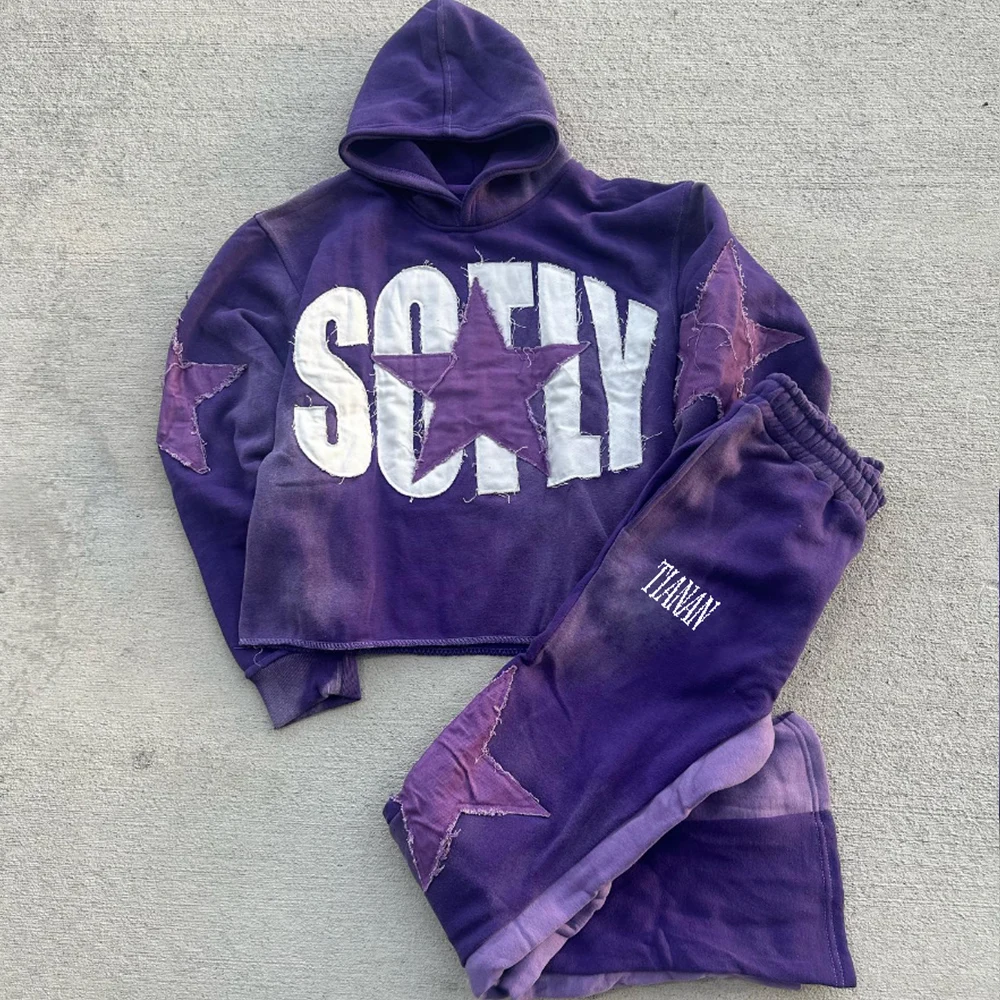 Manufacturers Wholesale Custom MensTracksuit Plus Size Applique Embroidery Pullover Hoodie And Sweatpants Sets For Men