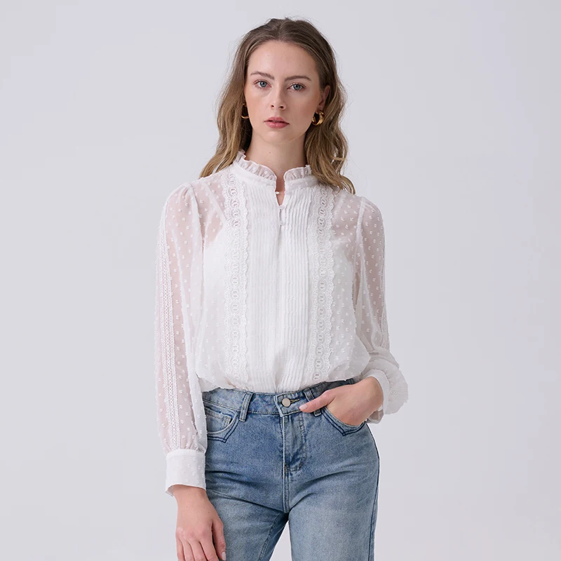 2024 Elegant Chiffon Casual Office Long Sleeve Blouse Shirt Embroidered Fashion Lady Lace Mock Neck White Blouse For Women