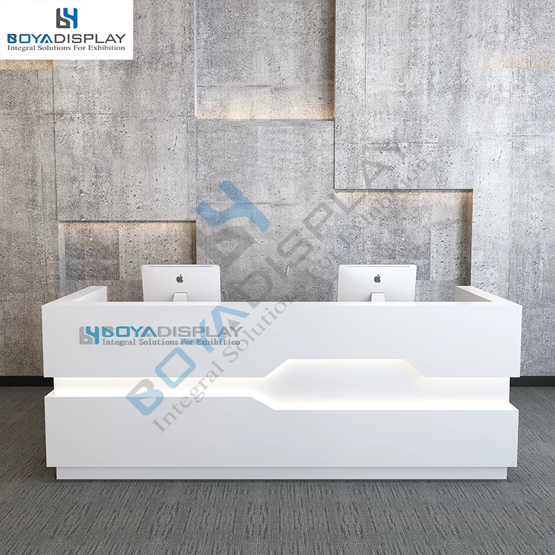 Custom White Glossy Acrylic Solid Surface Front Led Light Reception Desk Salon Front Desk
