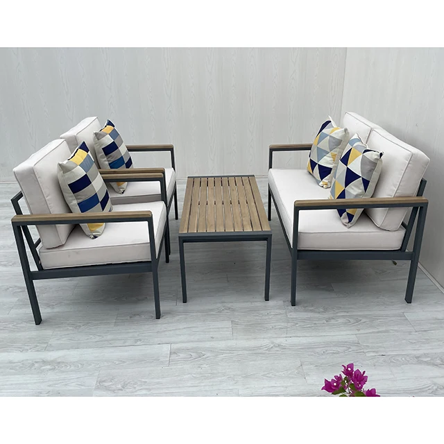 Patio Conversation Set Patio Furniture Patio Sofa Set Outdoor Chat Set 4-Piece with Aluminium,  Acacia Wood and Cushion