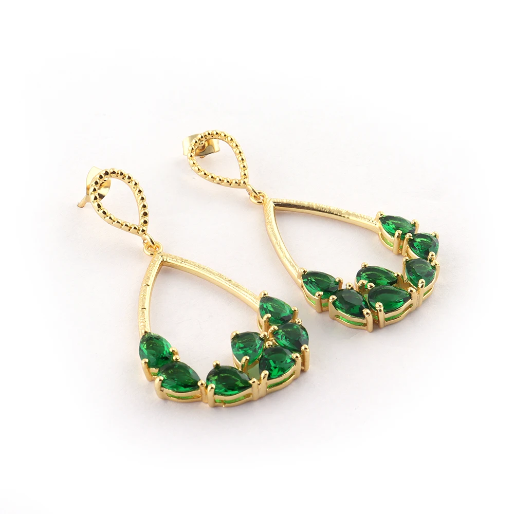 Emerald Prong Setting Pear Shape Stones Dangling Earrings Gold Plated Brass Pear Charms Stud Earrings  Jewelry Mode Joyas E-1494