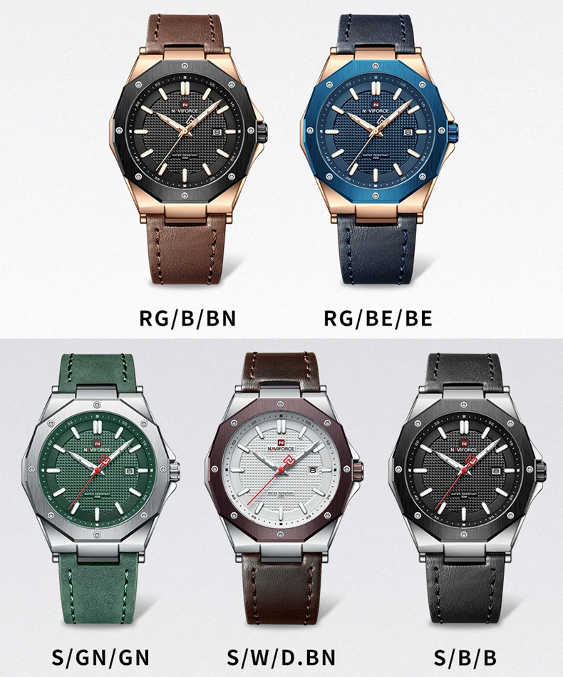 NAVIFORCE 9200L Top Brand Mens Dodecagon Luminous Sports Watch Vegan Leather Watch