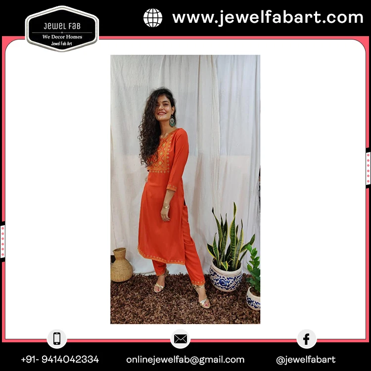 Latest Fashion Embroidered Cotton Kurta And Pant Set For Office Wear At Reasonable Price