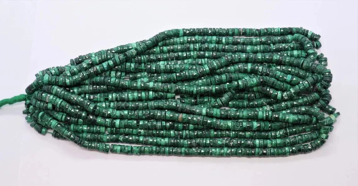 Natural Malachite Faceted Tyre Beads, 6-7 mm Malachite Beads, Malachite Faceted Wheel Beads, Malachite Tyre Shape Heishi Beads