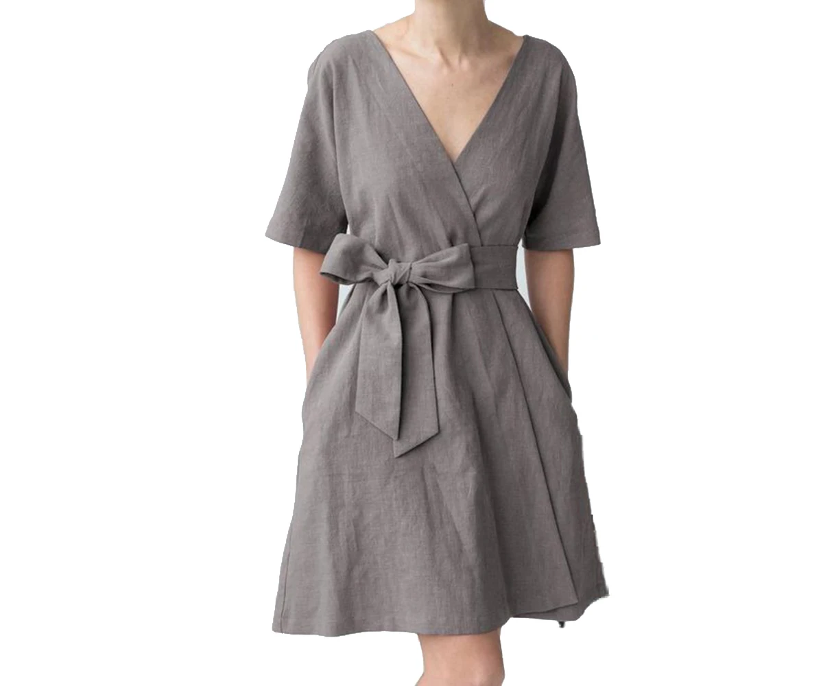 Sky Blue Linen Casual Beach Wear Tie Dress Customized Low Moq Solid Dress Made With 100% Linen Made By Zed Aar Exports