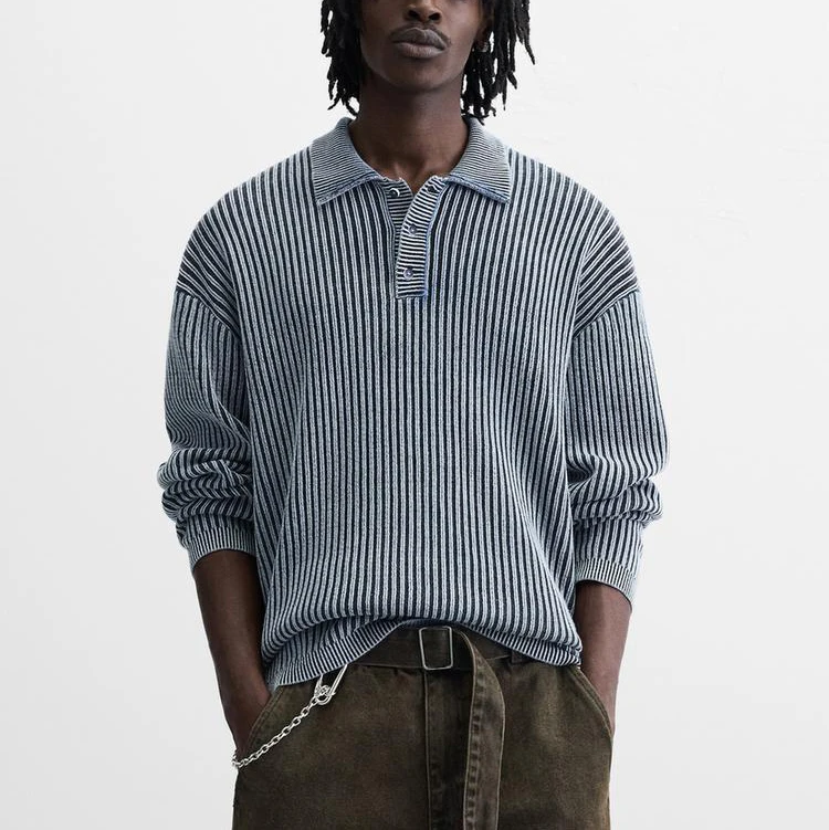 Custom OEM ODM High Quality Acid Wash Knitted Polo Pullover Sweater Shirt Vintage Knitwear Wash Rib Sweater For Men