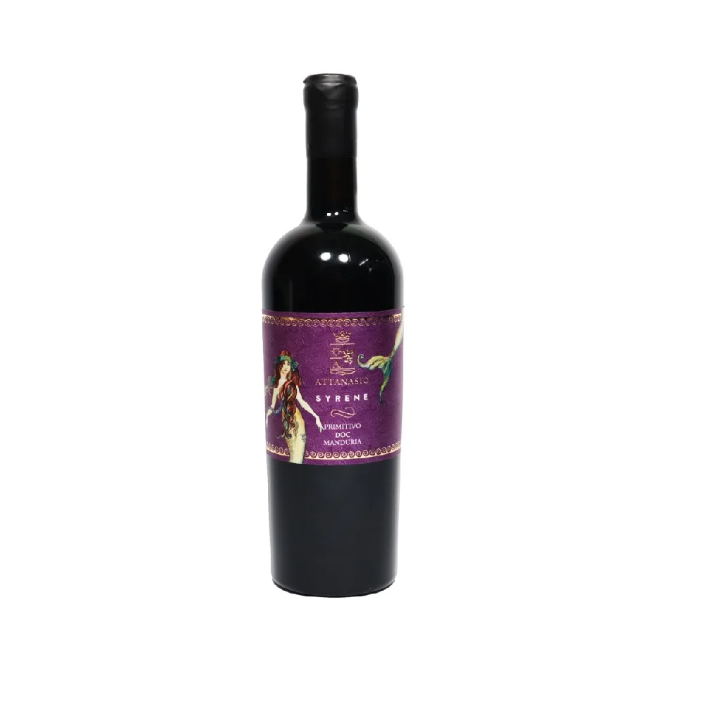 Packaging grape Primitivo type dry use table 750ml wine bottles Attansio Syrene Primitivo DOC Manduria from Italy