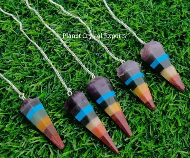 7 Chakra Bonded 6 Faceted Pendulum | Gemstone Agate Feng Shui Pendulums | Chakra Reiki Healing Pendulum Jewelry