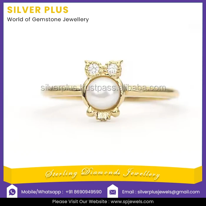 14K Solid Yellow Gold Pearl Gemstone Pave Diamond Vintage owl Ring Manufacturer