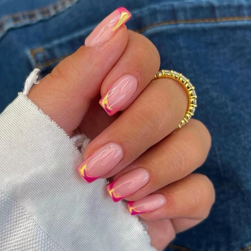 Индивидуальная этикетка, индивидуальный дизайн, набор искусственных накладных ногтей, оптовая продажа, акриловые Короткие квадратные Мягкие Гелевые розовые хромовые Френч-наконечники для ногтей