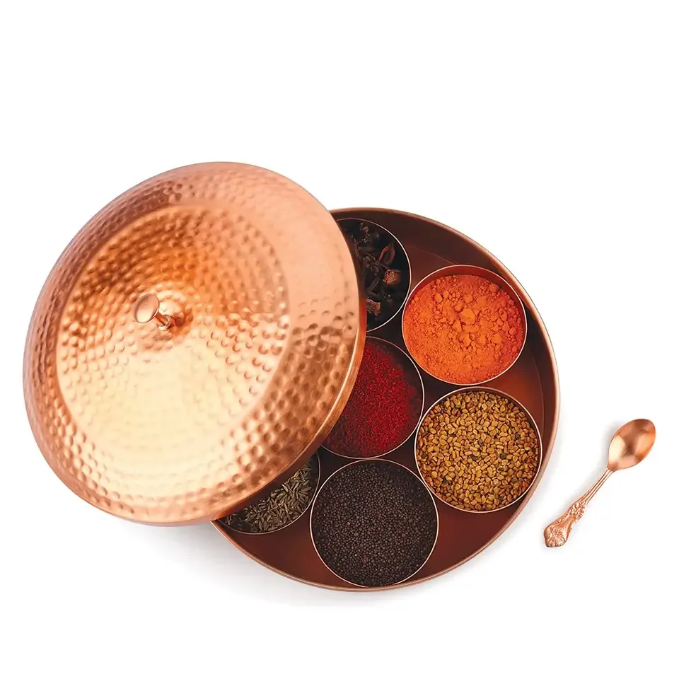 COPPER Spice Box/Masala Dabba For Kitchen With Lid, 7 Spice Containers And 1 Designer Spoon, Masala Canister