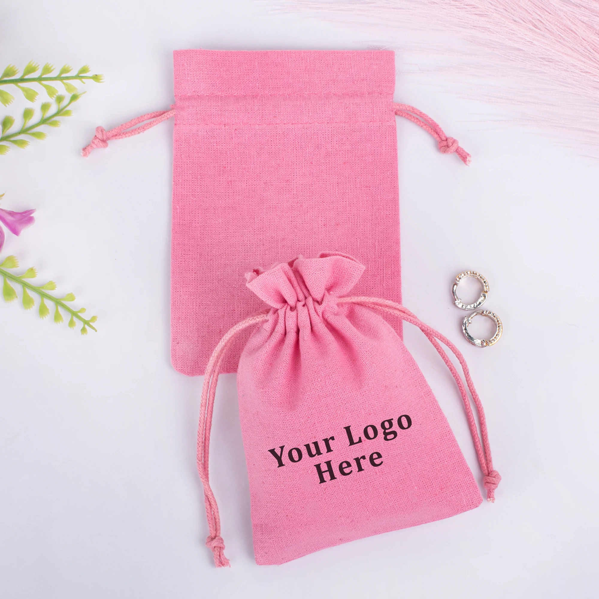 Customize Logo Handmade Light Pink Cotton Jewelry Organizer Pouch Indian Drawstring Wedding Favor Small Gift Bag Wholesale