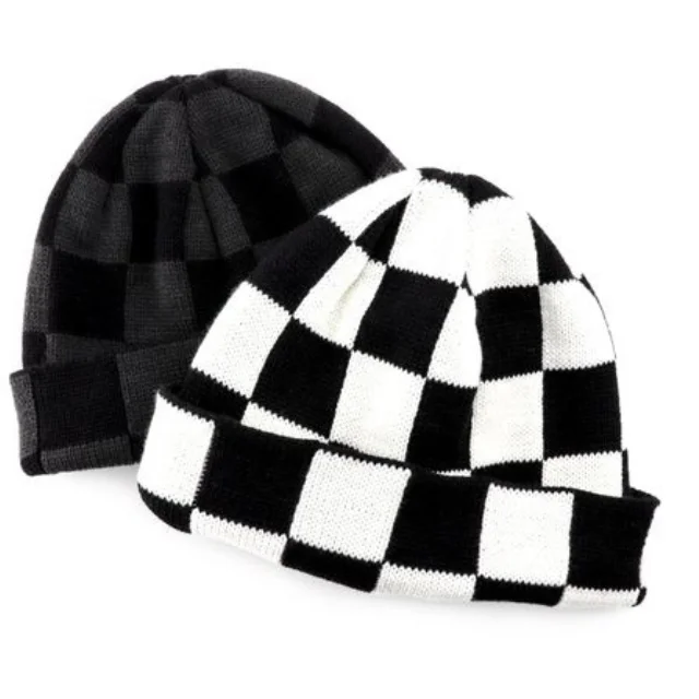 New Trendy Winter Checkered Beanie Hats Embroidered Work Casual Colorful Knitted Beanies OEM Cuff Folded Hip Hop Beanies Unisex