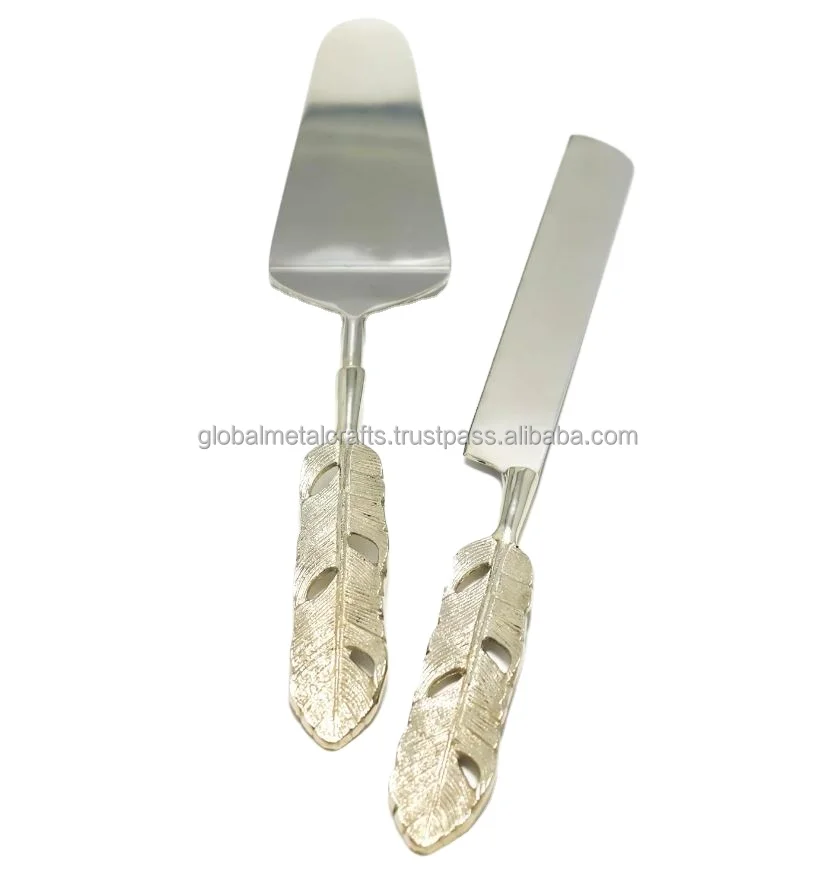 gold Cake Server and Cutting Knife Set with feather Handle, Cake Knife for Cake Cutting Spatula and Cutting Knife Set/ 2