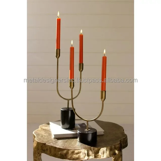 SET OF 2 DOUBLE TAPER CANDLE HOLDERS -BRASS WITH MARBLE BASE for Table Wedding and Party decorative Centerpiece