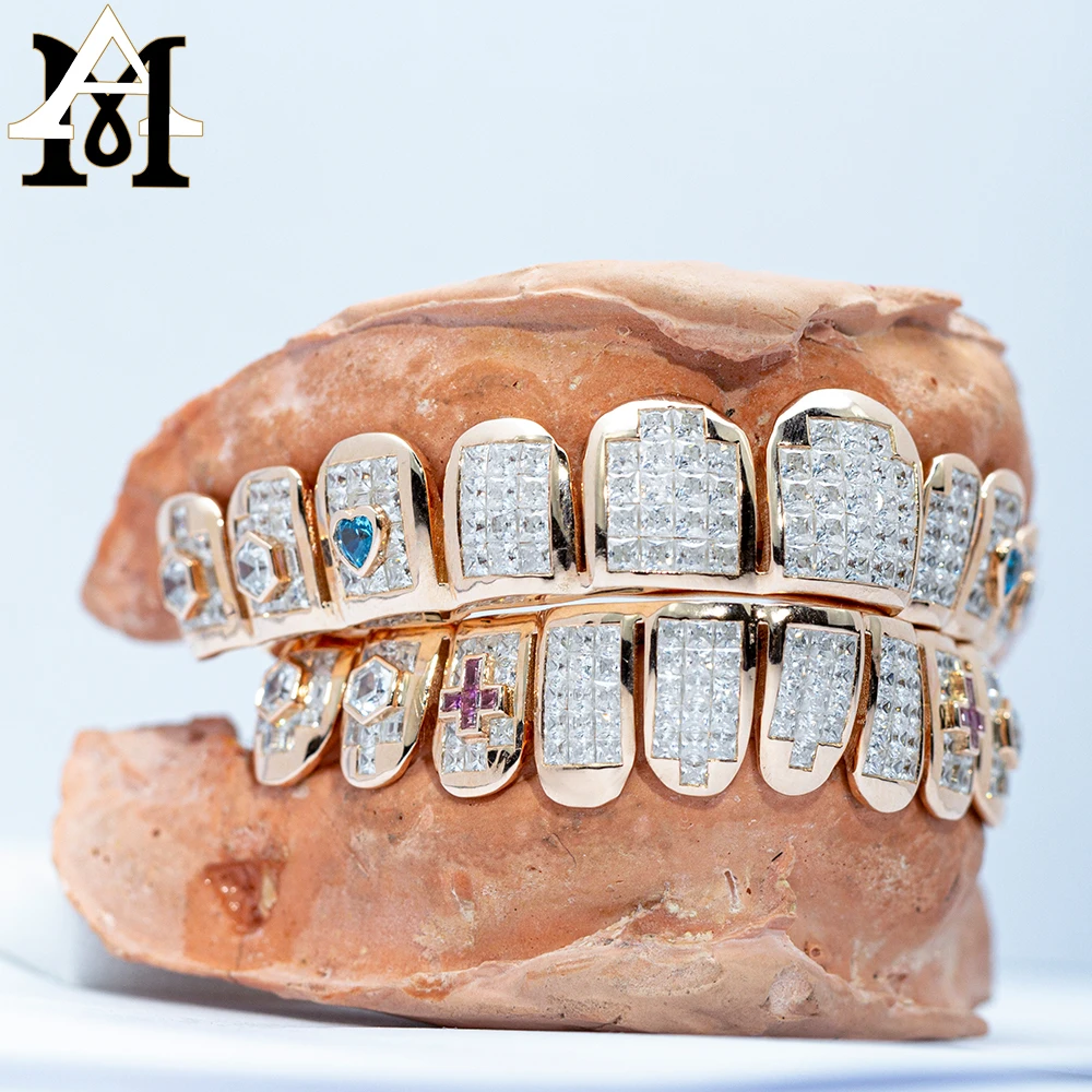 Invisible Set Custom Iced Out Hip Hop Grillz Princess Brilliant Cut 18k Gold Plated VVS Moissanite Diamond Grillz For Teeth