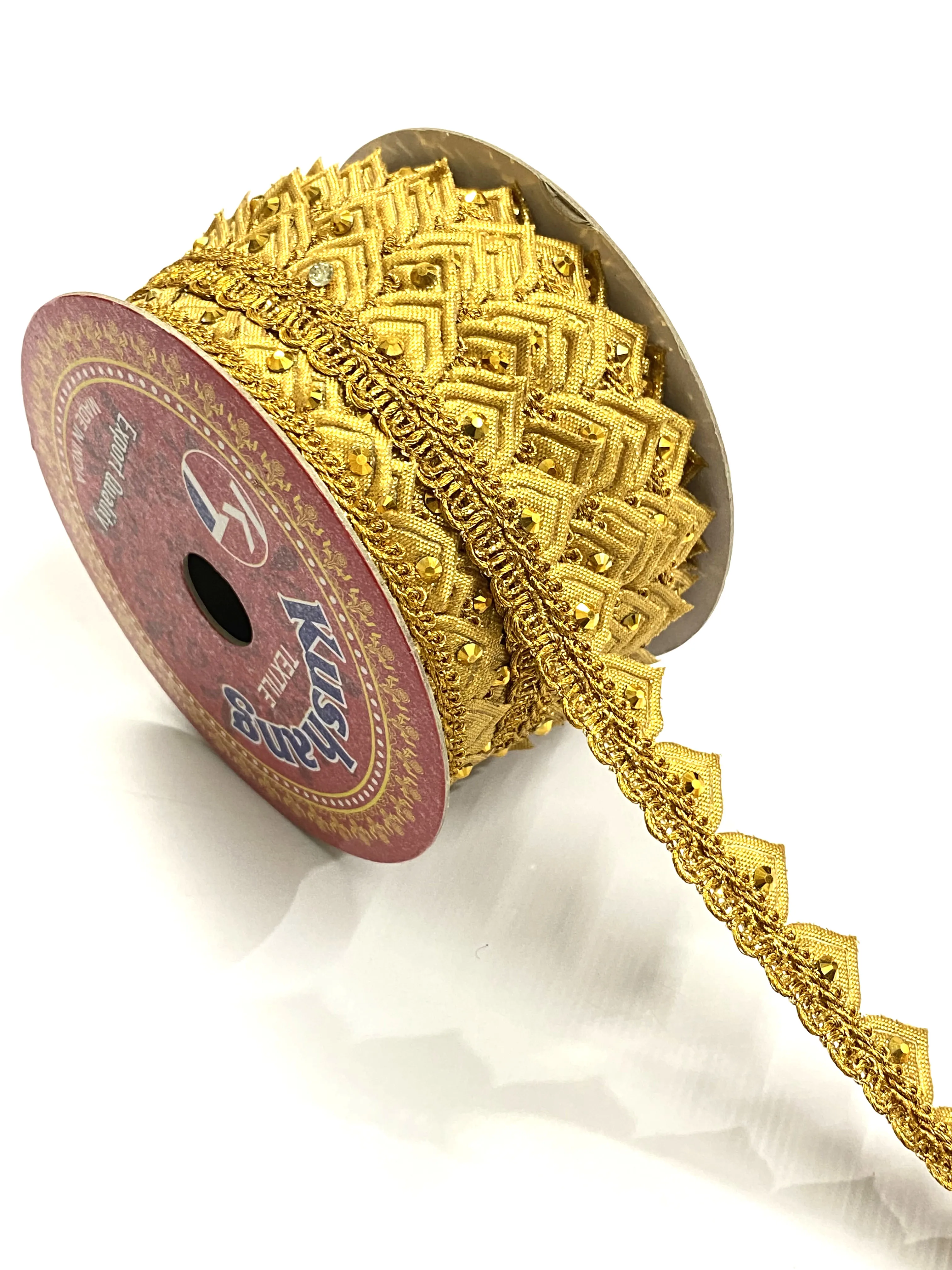 Ethnic Indian Stone Golden Fabric Lace Trim Border Craft Sewing Accessory Clothing Fabric Ribbon Fringes Braided