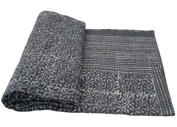 Indian Hand Printed Decorative Bedspread 100% Cotton Indigo Print Kantha Handmade Reversible Double Sided Quilted 90x108 Inch