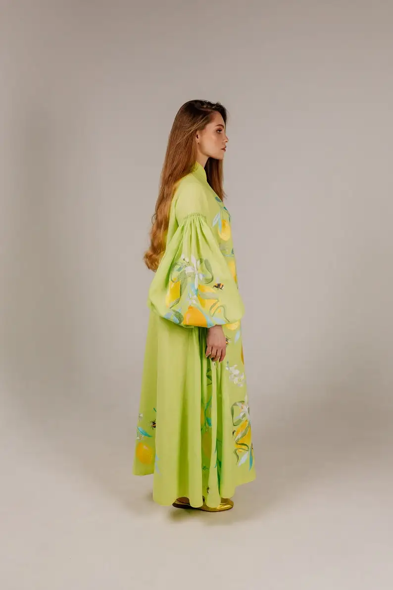 2024 Hot Selling Bohemian Casual Floral Embroidered Work Womens Vyshyvanka Deep V-neck Long Sleeve Sexy Linen Ukrainian Dress