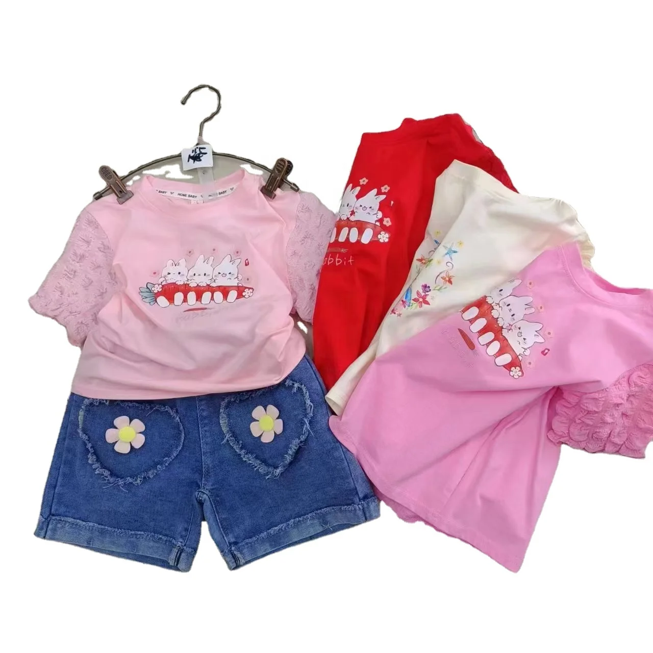 2024 Summer 2-Piece Cotton Clothing Set Girls Cute Little Rabbit Pattern Short Sleeve Top Denim Shorts Wholesale Fashion Suit