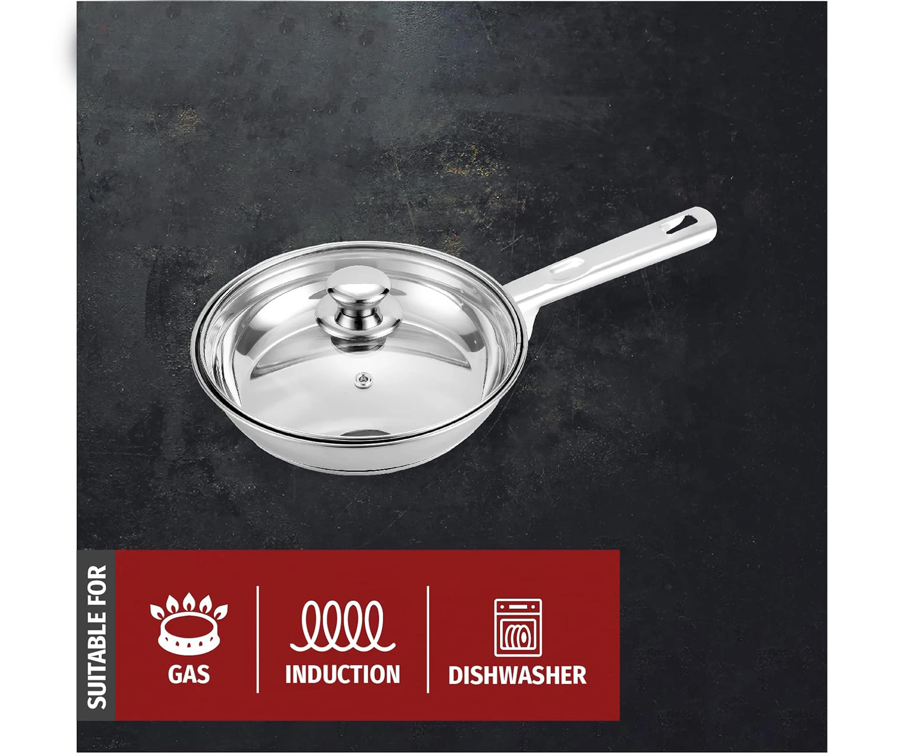 High Quality Stainless Steel Metal Fry Pan With Glass Lid-26 cm 2000ml Induction Friendly Cookware Set Frying Pan