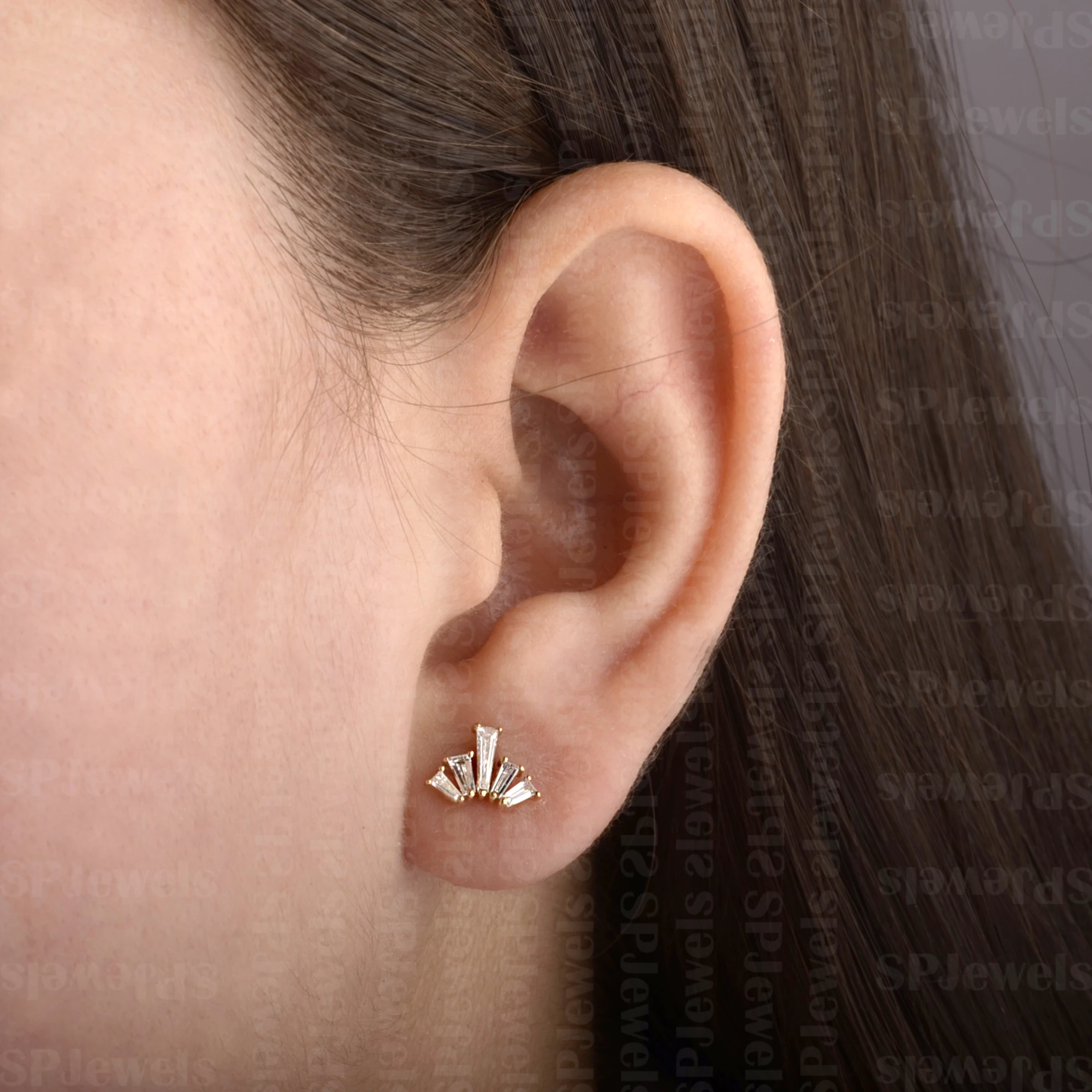 New Custom Baguette Wing 18k Solid Gold Yellow White Rose Gold Push Back Real SI-GH Diamond Stud Earrings Women Ear Piercing