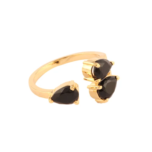 High Quality Luxury Ring Faceted Pear Black Onyx Three Stone Statement Ring Gold Plated Prong Setting Open Adjustable Ring Gift