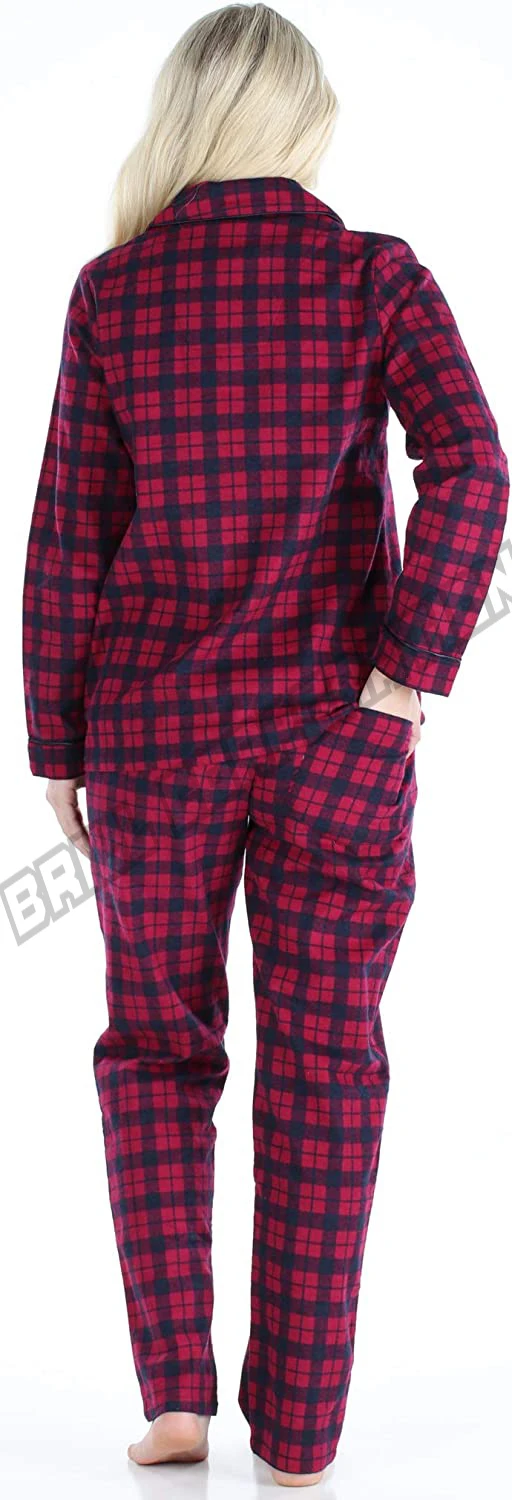 Women Flannel Sleepwear 2 Piece Set | 100% Cotton Plaid Long Sleeve Shirt & Trouser 2 Piece Sleeping Suit Custom Logo