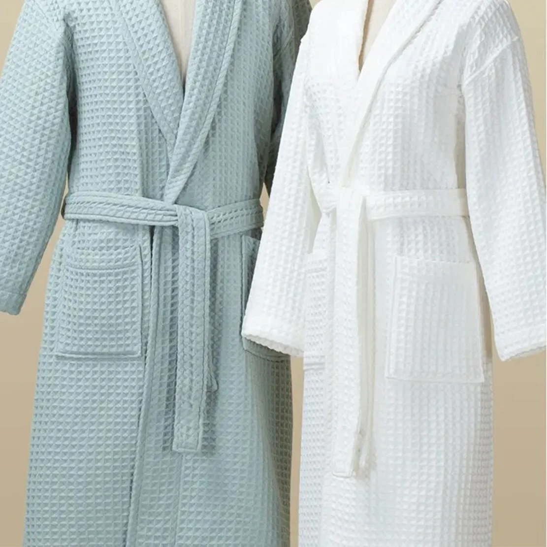 High Quality Custom 5 Star Hotel Customized Logo Luxury Piped Trim Spa Bath Robe 100% Cotton Waffle Bathrobe