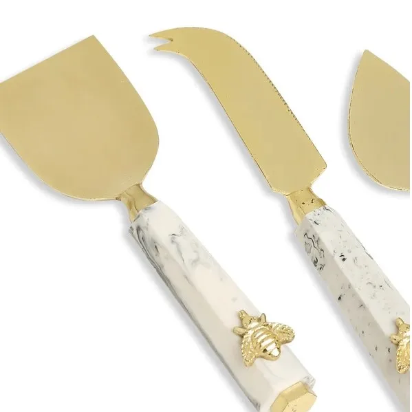 Low Price Handcrafted 3pcs Gold Stainless Steel Cheese Spreader Knives Set with Bee Marble Handle Used for  Hotel Restaurants