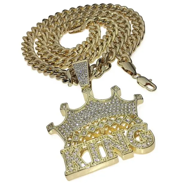 Crown King Hip Hop Pendant Chain Blinged Out Certified Gold Heavy Necklace With Curb Chain For Your Husband