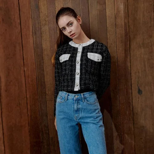 WUNDERGEIST твидовые расклешенные манжеты Укороченный кардиган blouse_Black Бесплатная корейская модная продукция Новое поступление оптовая продажа одежды